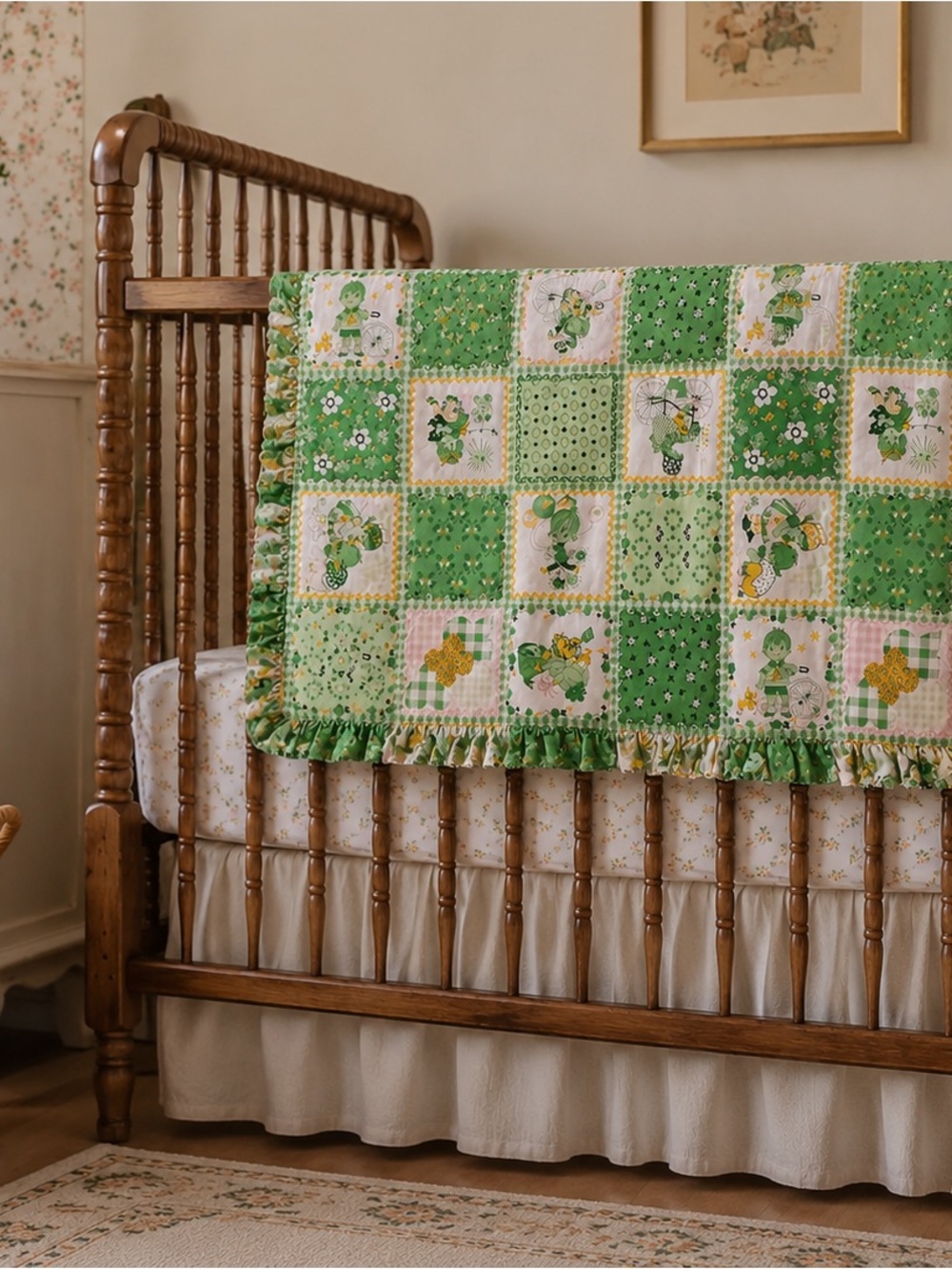 Green Patchwork Baby Quilt Throw - Vintage Home